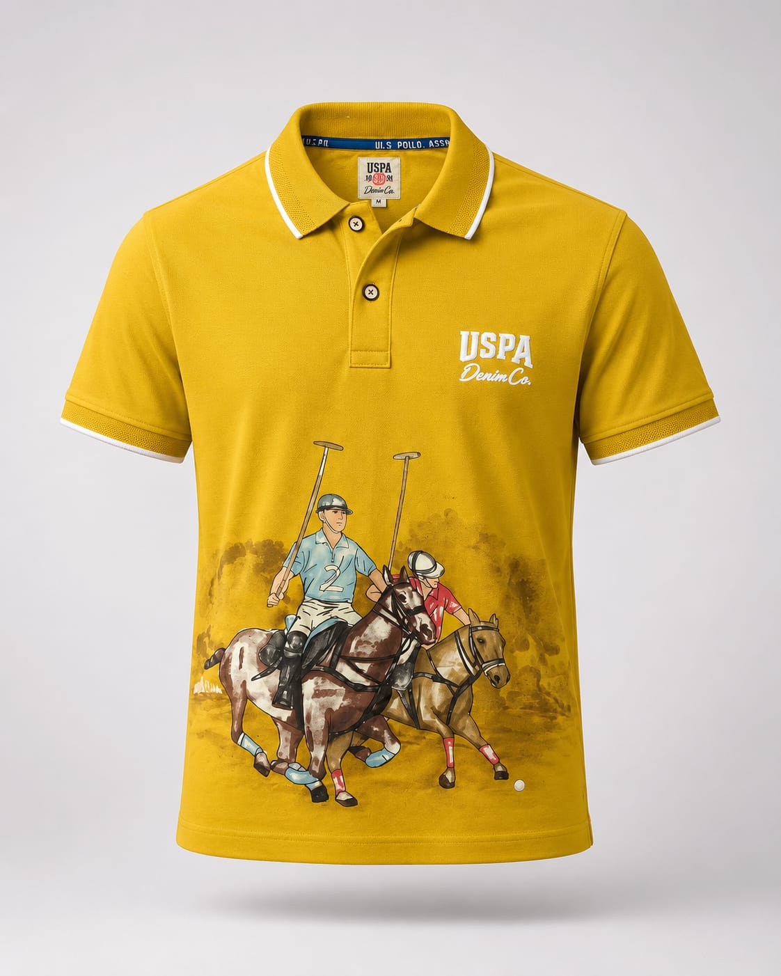 Men's Premium Mustard Yellow Vintage Polo Graphic Printed Cotton Polo T-Shirt 1
