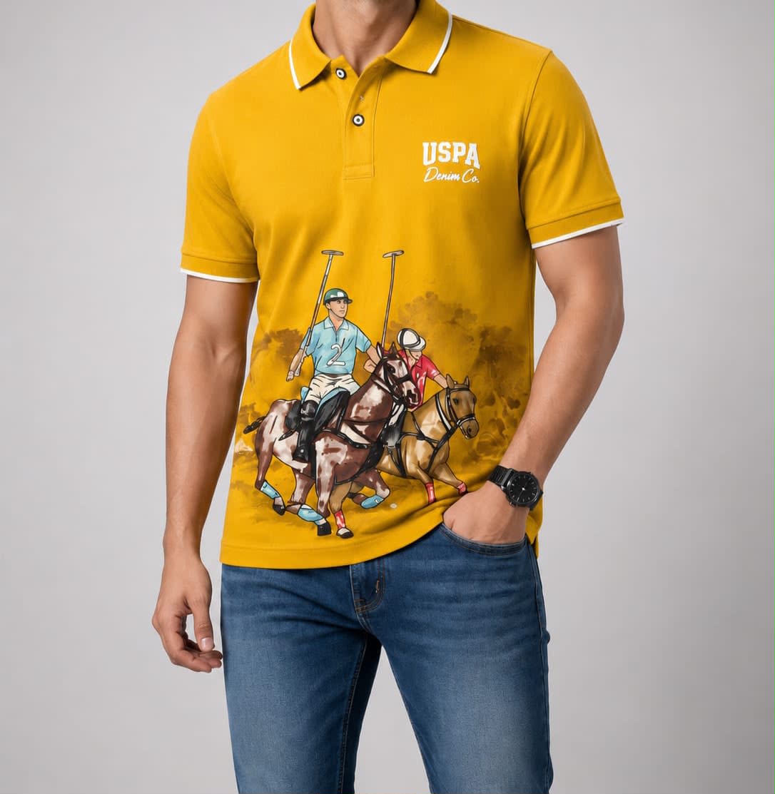 Men's Premium Mustard Yellow Vintage Polo Graphic Printed Cotton Polo T-Shirt 3