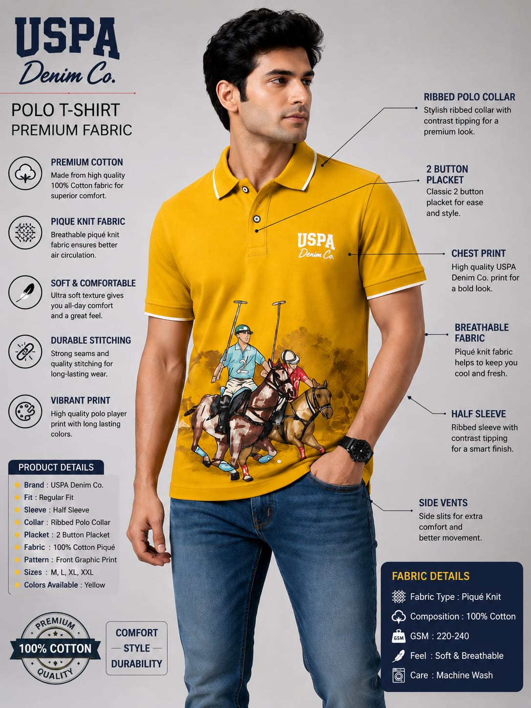 Men's Premium Mustard Yellow Vintage Polo Graphic Printed Cotton Polo T-Shirt 4