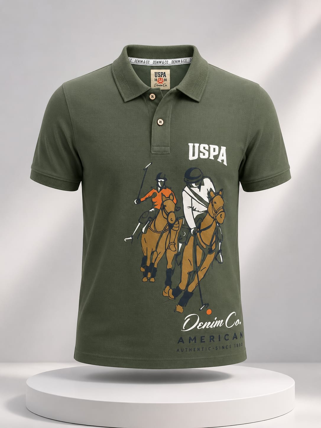 Men's Premium Olive Green Vintage Polo Graphic Printed Cotton Polo T-Shirt 1