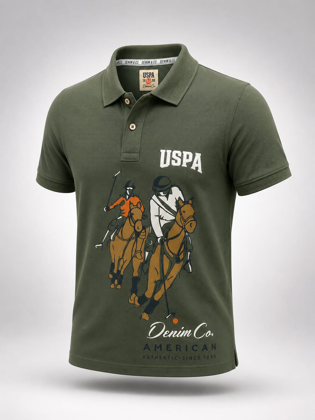 Men's Premium Olive Green Vintage Polo Graphic Printed Cotton Polo T-Shirt 2