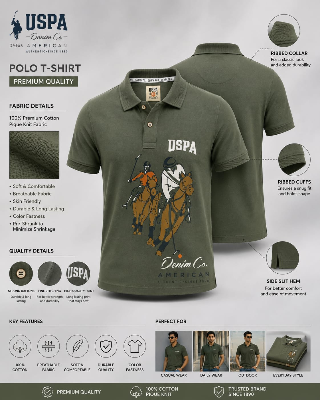 Men's Premium Olive Green Vintage Polo Graphic Printed Cotton Polo T-Shirt 4