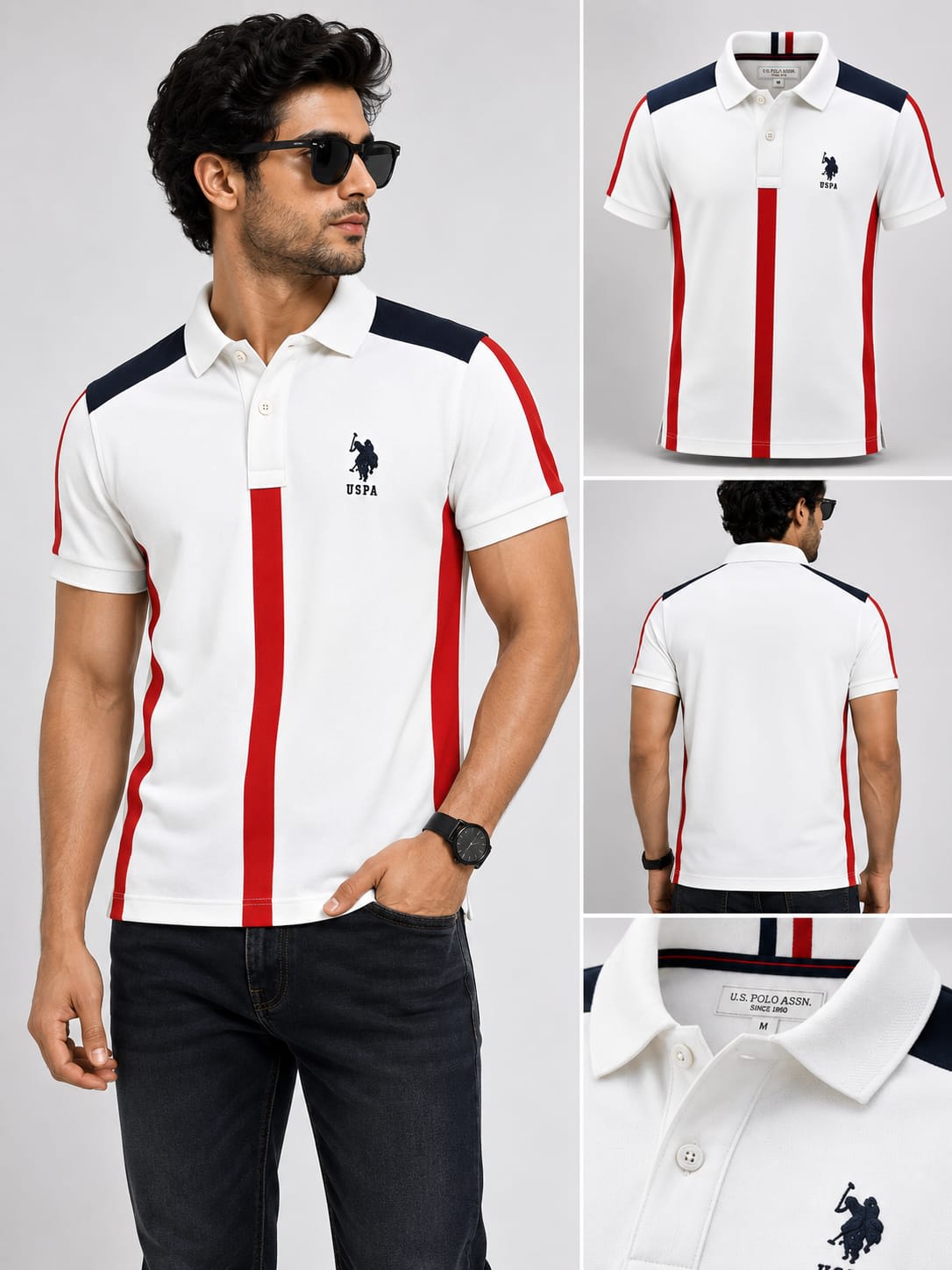 Men's Premium White Colorblock Stripe Cotton Polo T-Shirt 3