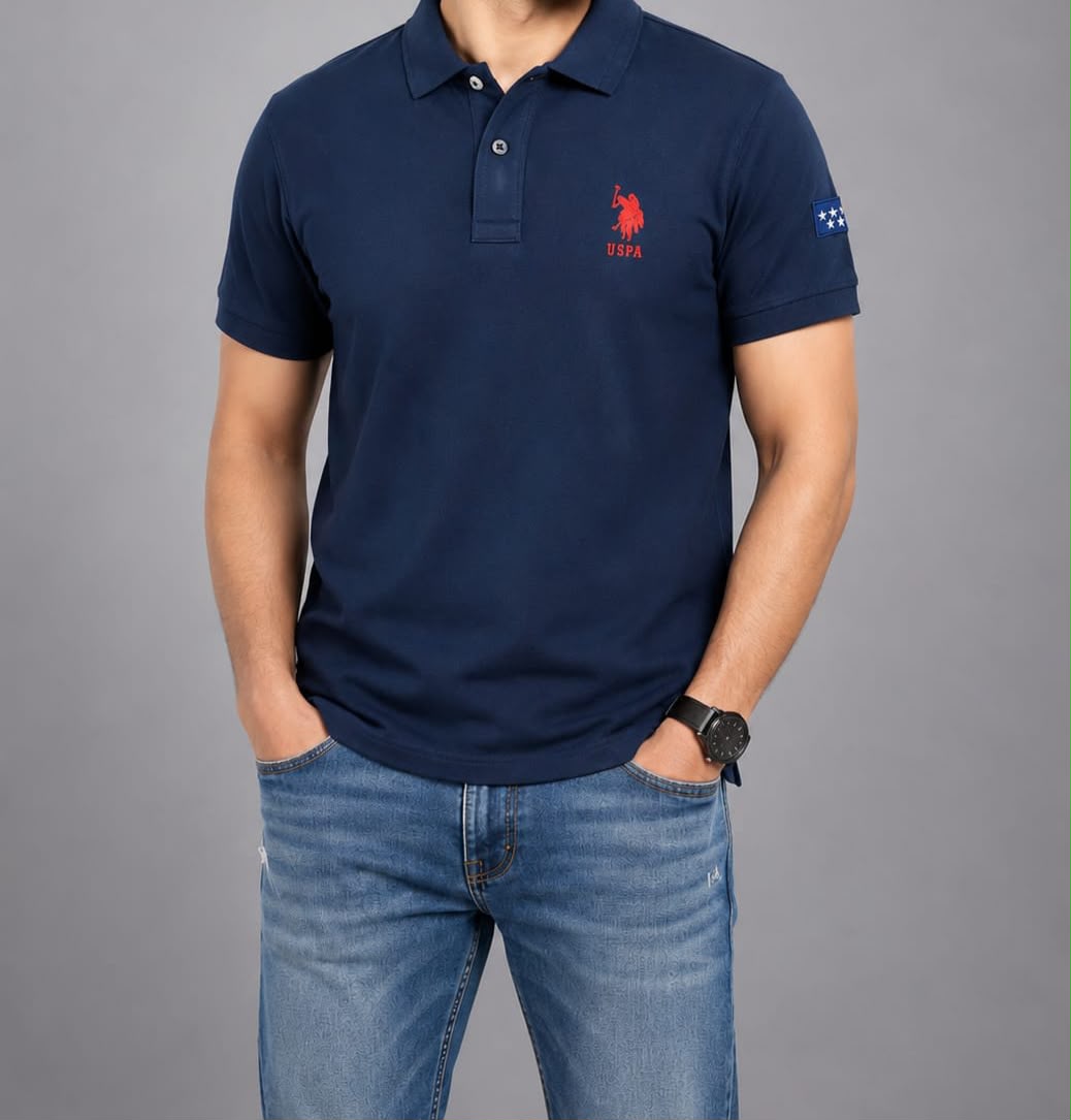Men's Premium Navy Blue Red Embroidered Cotton Polo T-Shirt 1