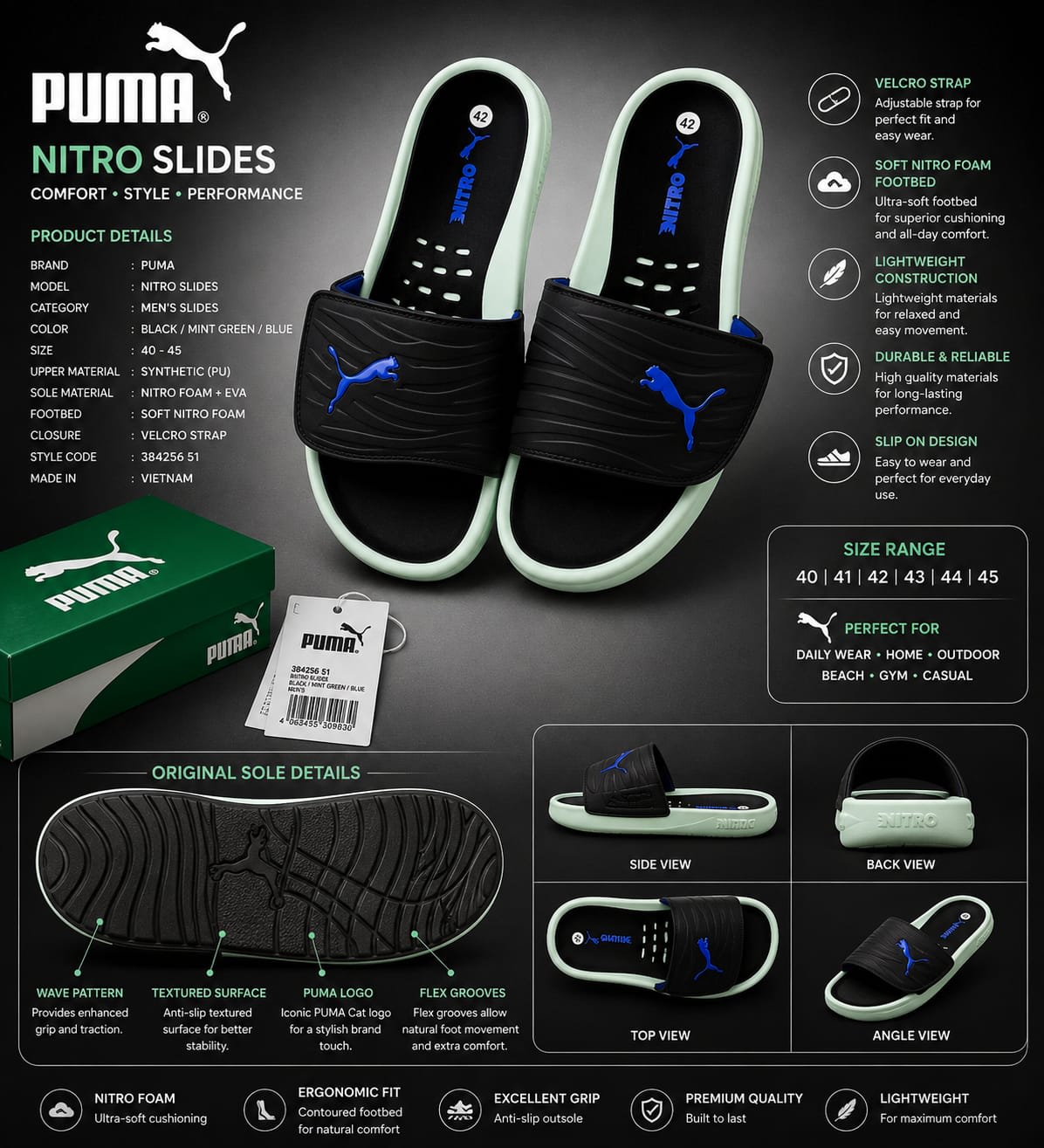 Premium Black & Mint Green Ultra-Comfort Cushioned Casual Slides 4