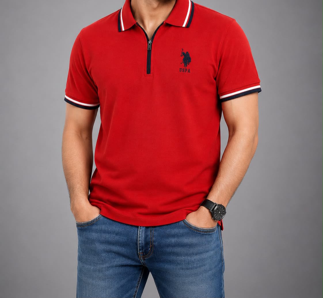 Men's Premium Red Tipped Collar Zipper Cotton Polo T-Shirt 1