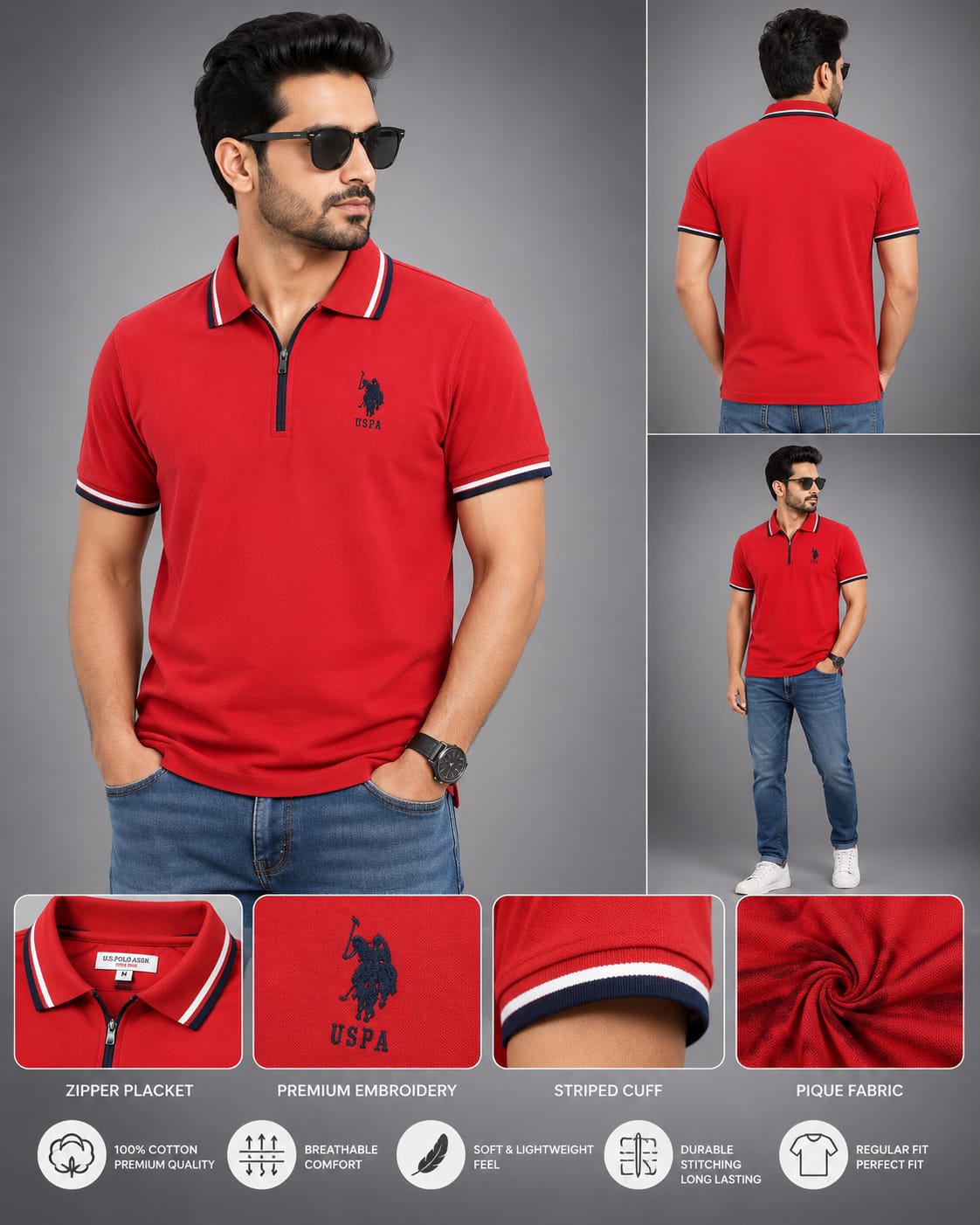 Men's Premium Red Tipped Collar Zipper Cotton Polo T-Shirt 3