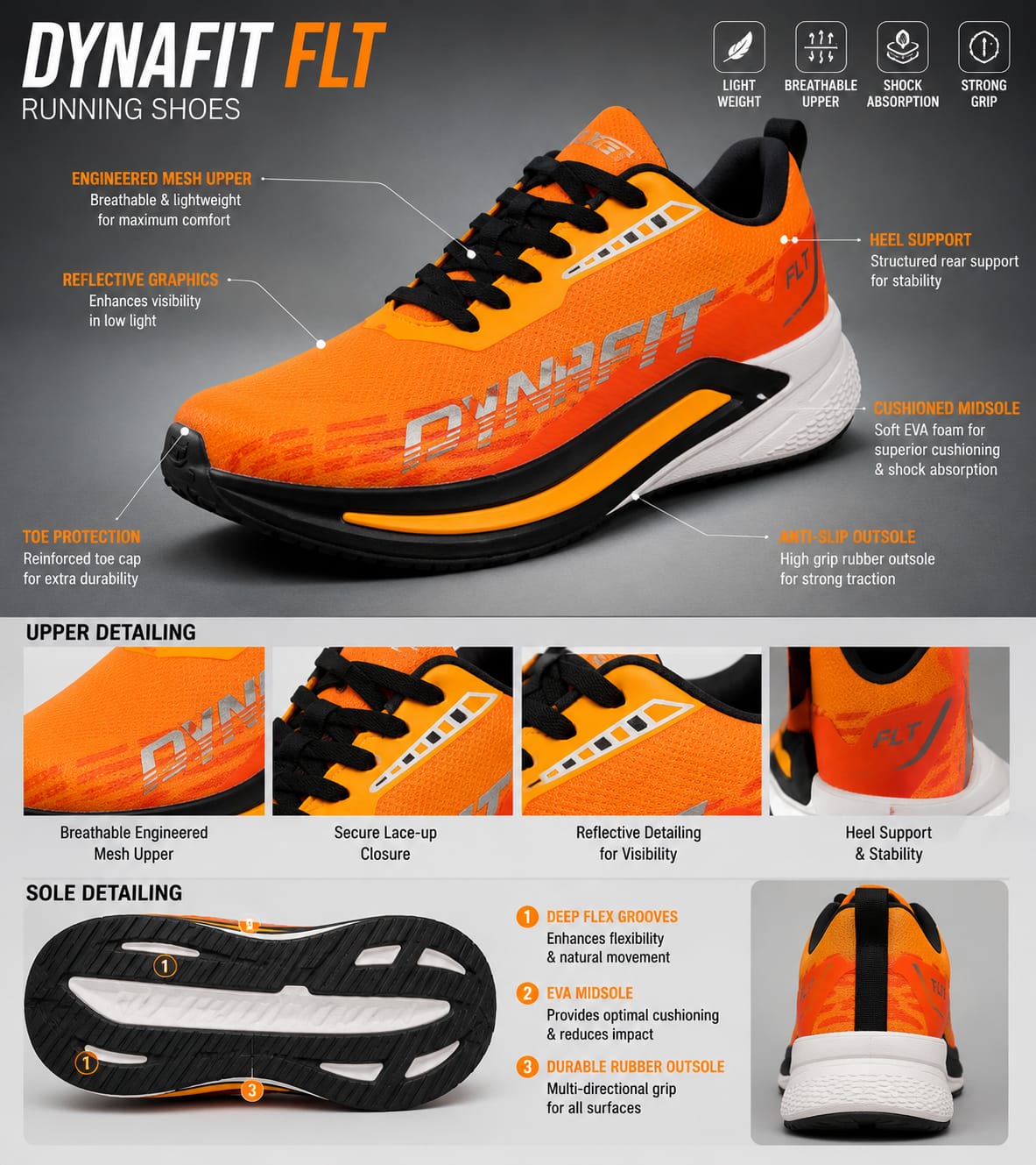 Men's Premium Vibrant Orange & Black Lightweight Running Sports Shoes 5
