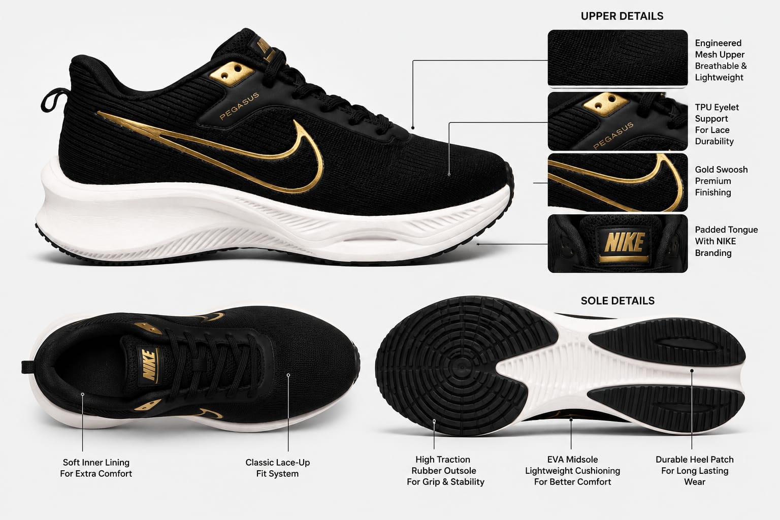 Men's Premium Black & Gold Lightweight Running Shoes 5