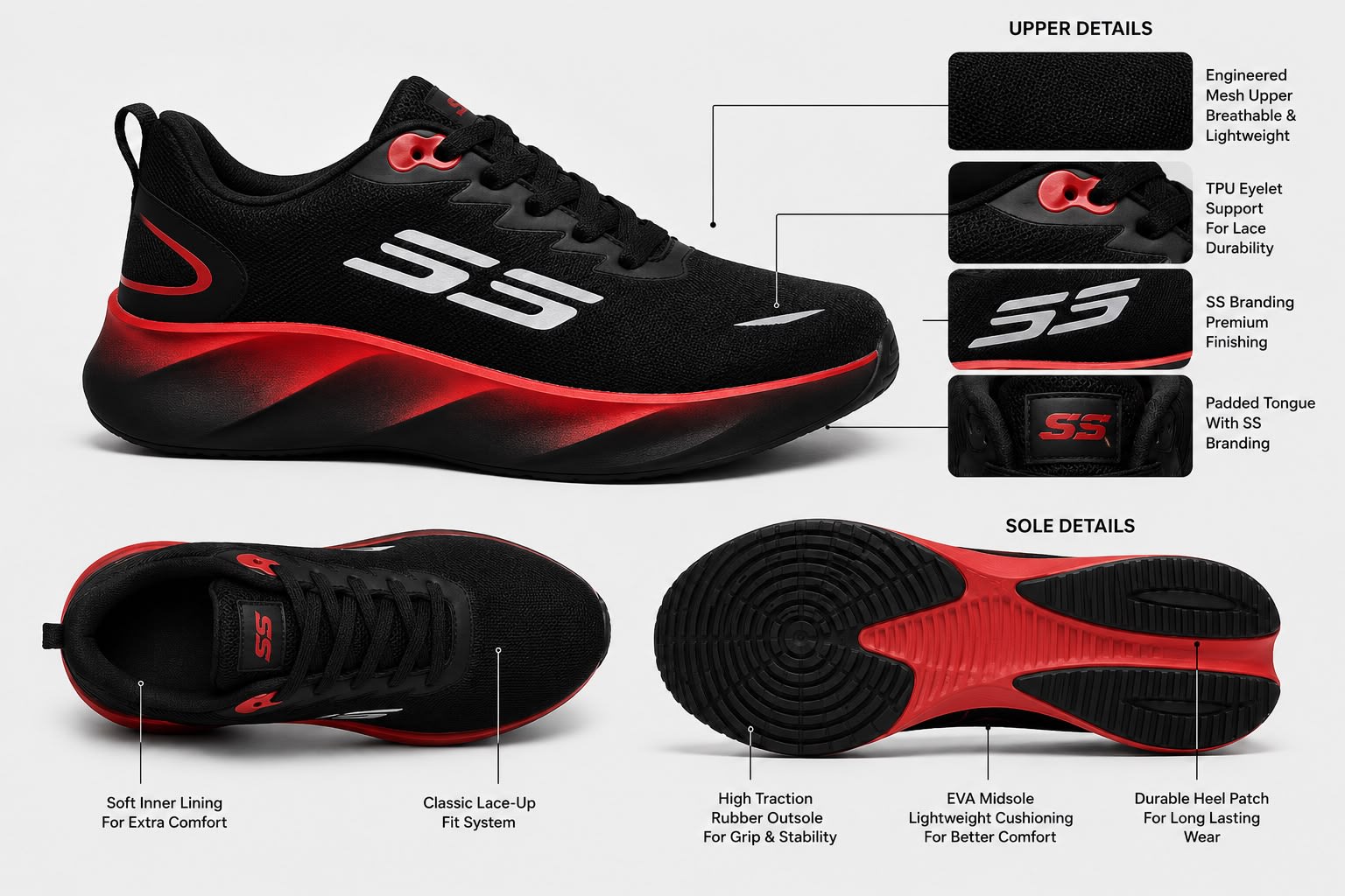 Men's Premium Black & Red Sporty Running Shoes 2