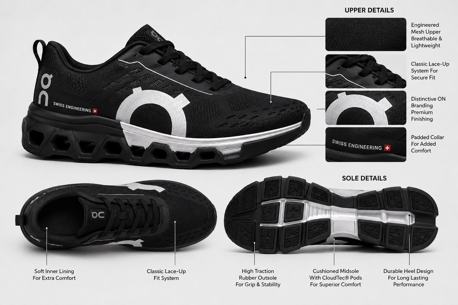 Men's Premium Black & White Mesh Running Shoes 2