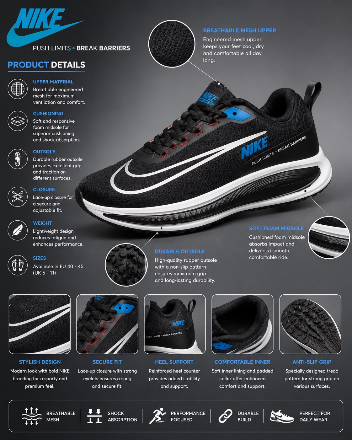 Men's Premium Black & Silver Performance Running Shoes 2