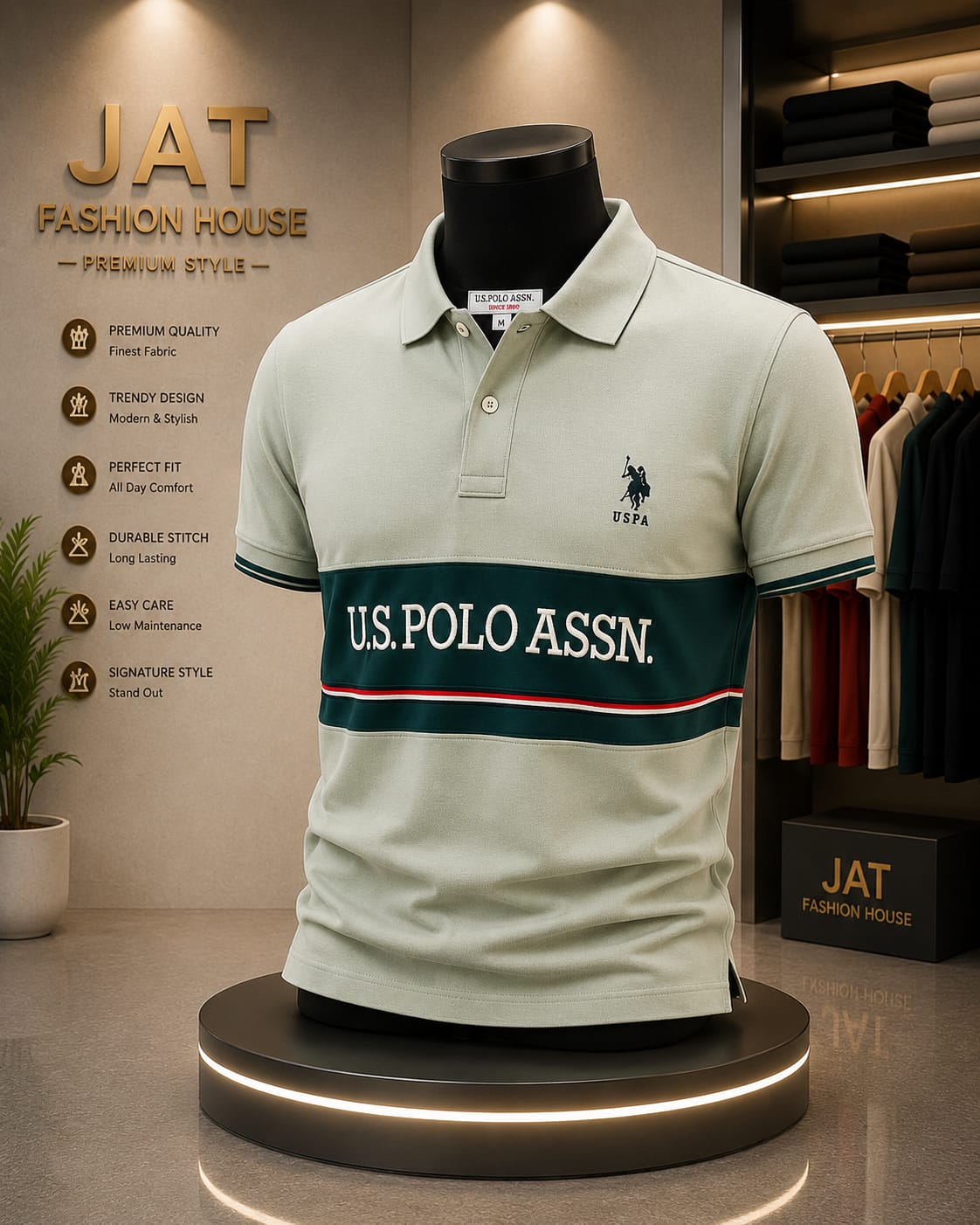 Men's Premium Mint Green Chest-Band Sporty Polo T-Shirt 1