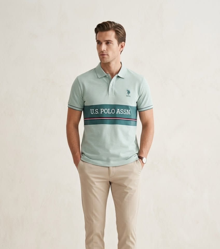 Men's Premium Mint Green Chest-Band Sporty Polo T-Shirt 2