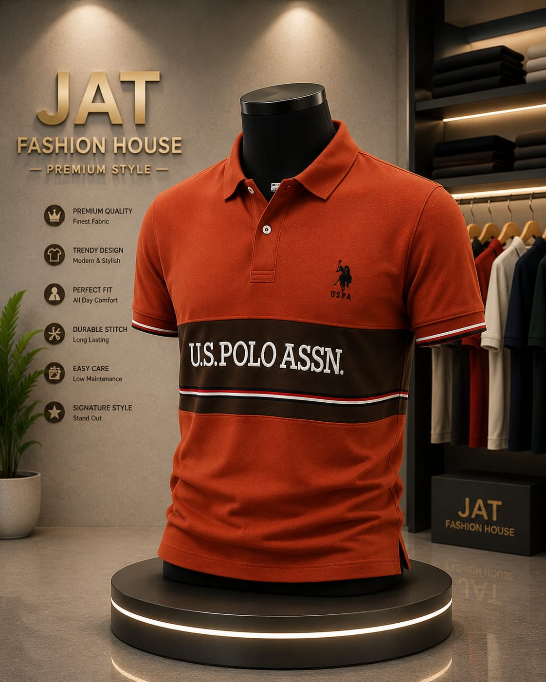 Men's Premium Rust Orange Chest-Band Sporty Polo T-Shirt 1
