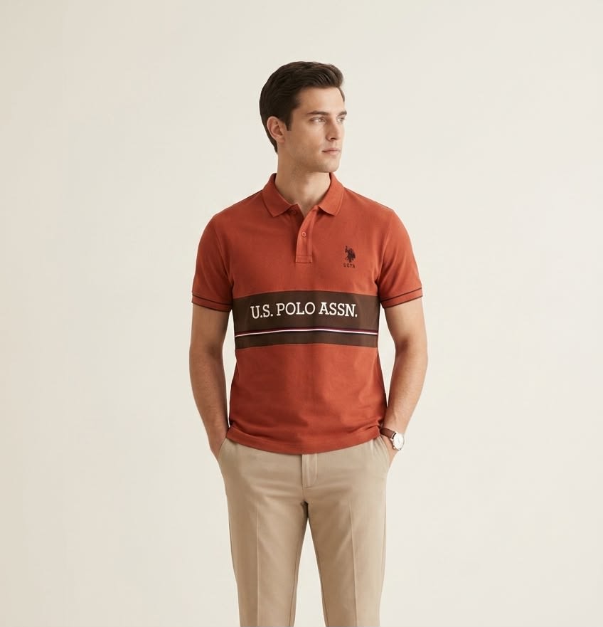 Men's Premium Rust Orange Chest-Band Sporty Polo T-Shirt 2