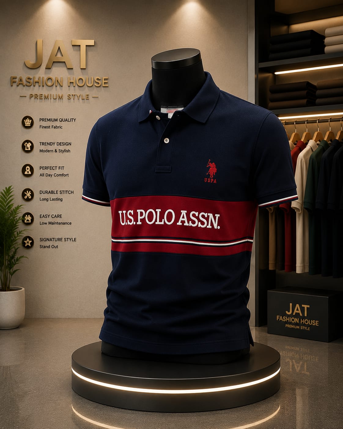 Men's Premium Navy Blue Chest-Band Sporty Polo T-Shirt 1