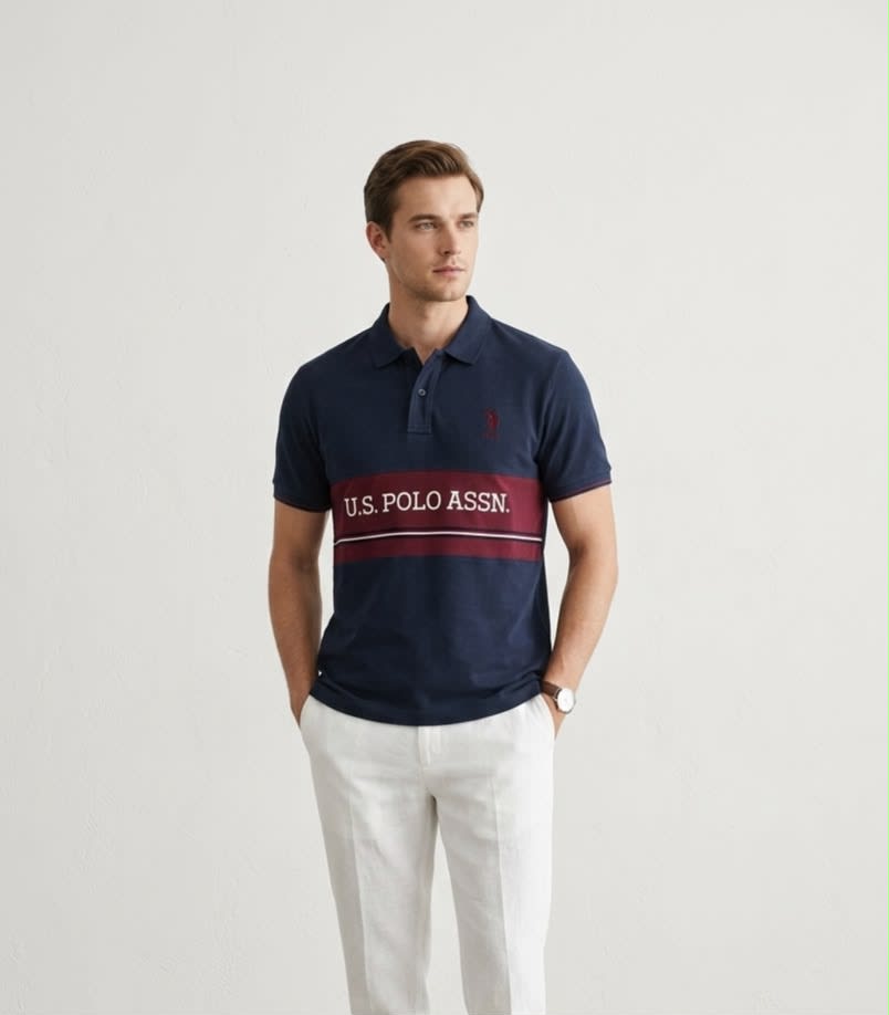 Men's Premium Navy Blue Chest-Band Sporty Polo T-Shirt 2