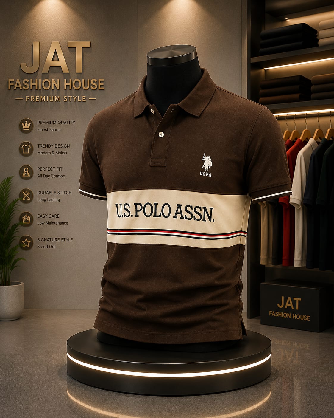 Men's Premium Dark Brown Chest-Band Sporty Polo T-Shirt 1