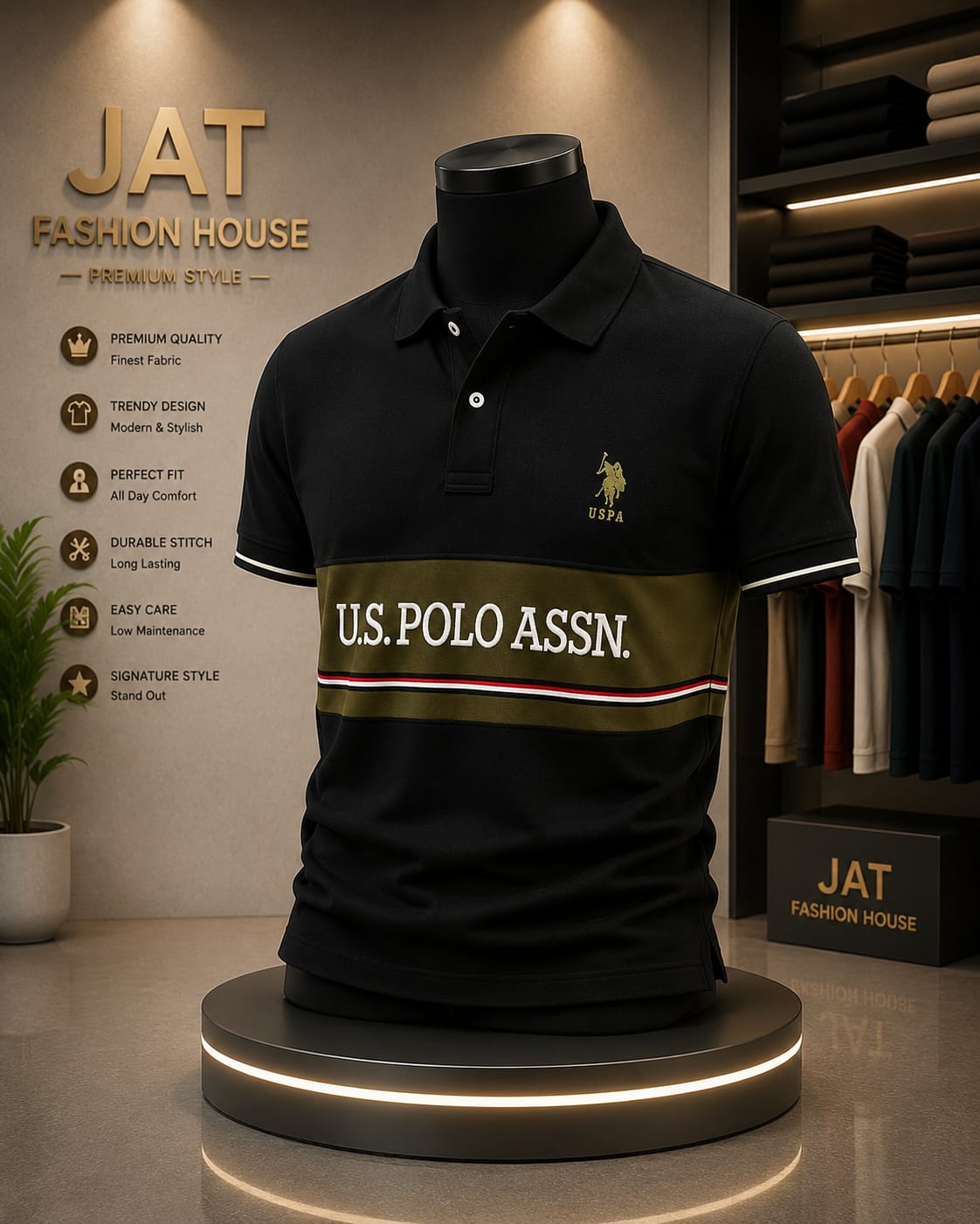 Men's Premium Black Chest-Band Sporty Polo T-Shirt 1