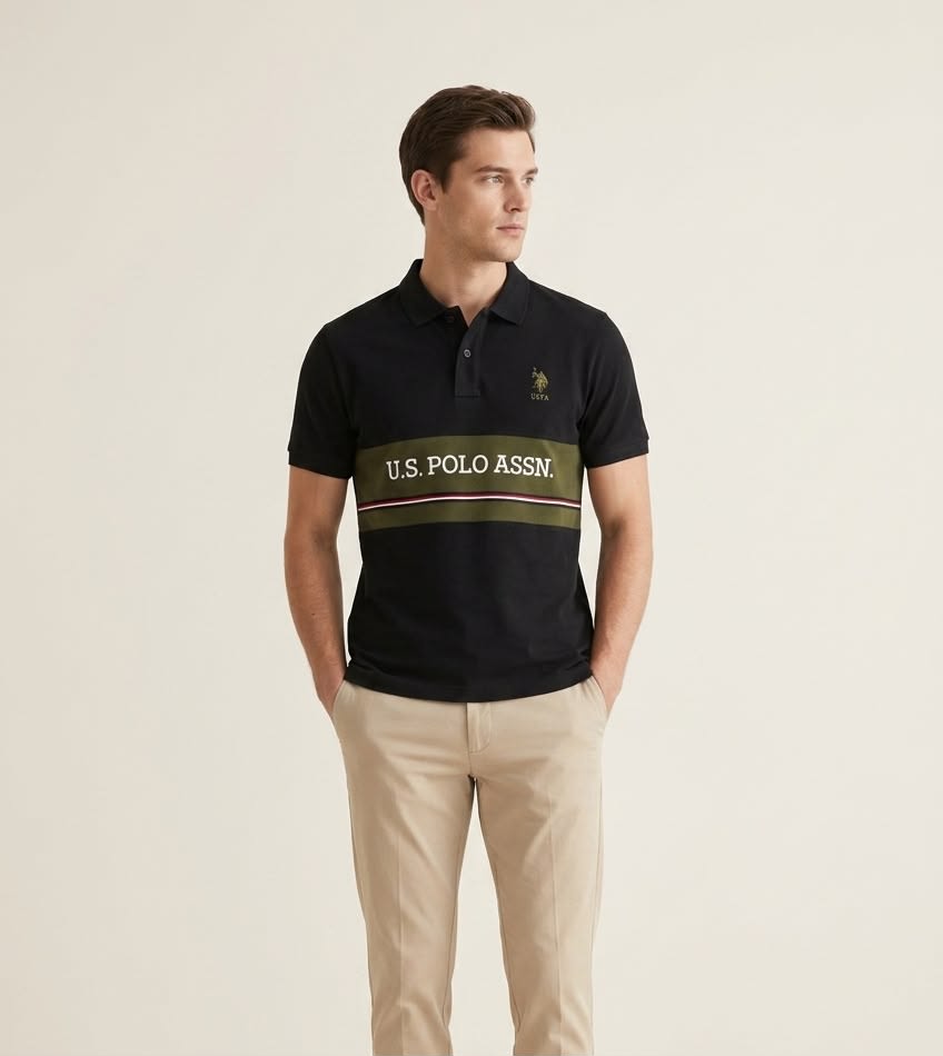 Men's Premium Black Chest-Band Sporty Polo T-Shirt 2