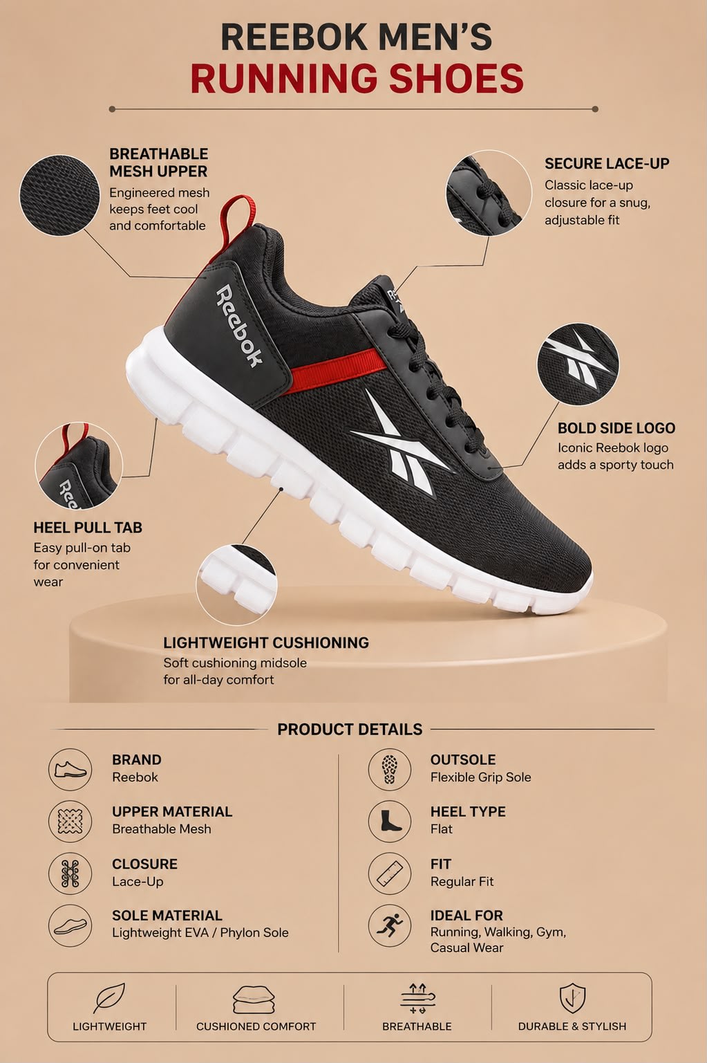 Men's Premium Black & Red Accent Lightweight Running Shoes 2