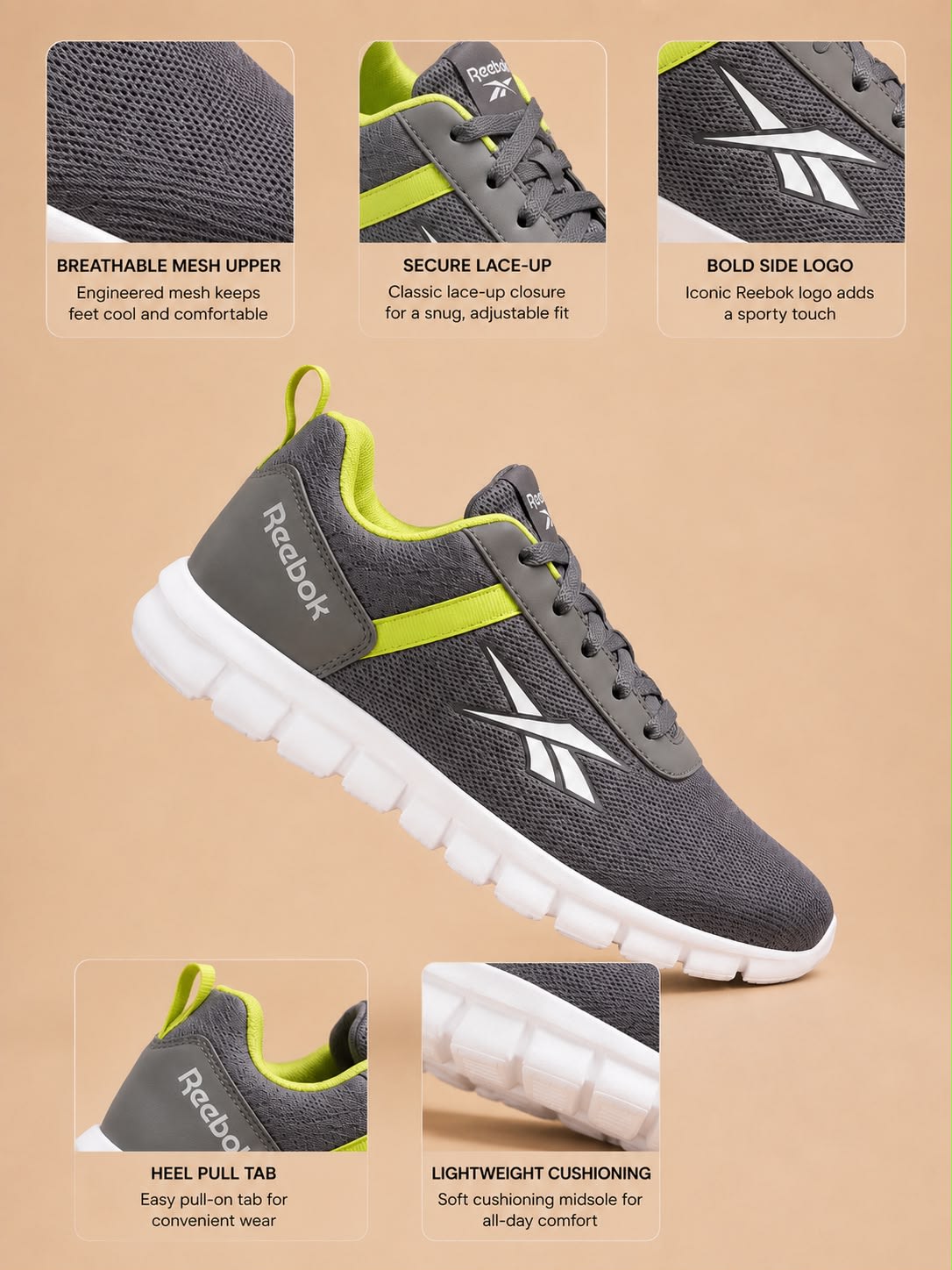 Men's Premium Grey & Neon Green Accent Lightweight Running Shoes 2