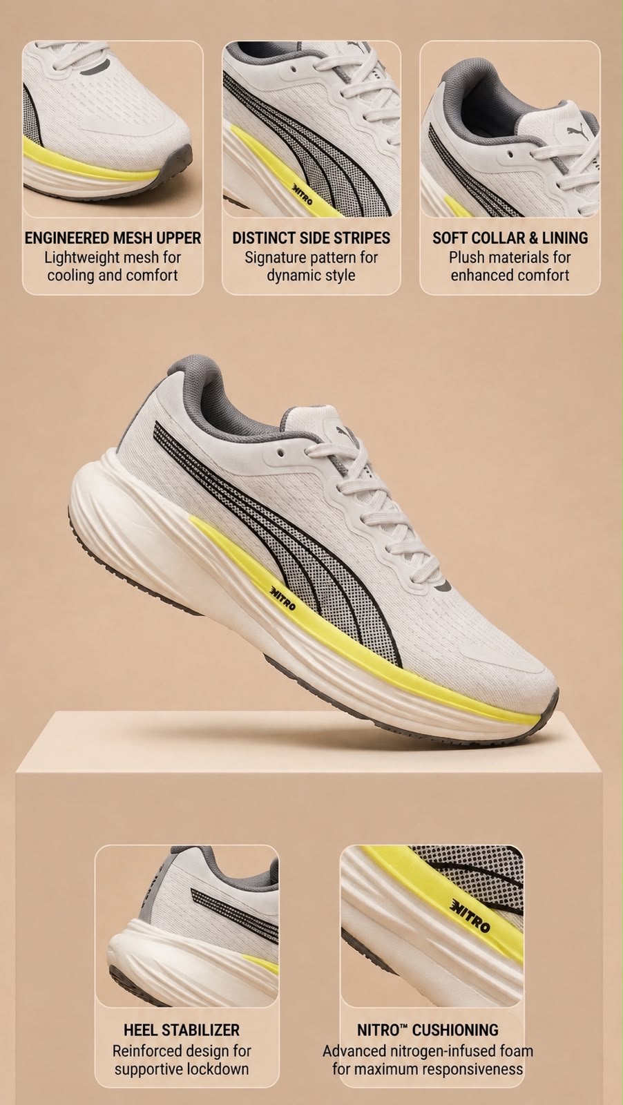 Men's Premium White & Neon Accent Lightweight Running Shoes 3