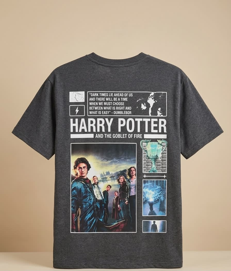 Men's Charcoal Grey Harry Potter Graphic Back Printed Oversized T-Shirt 1