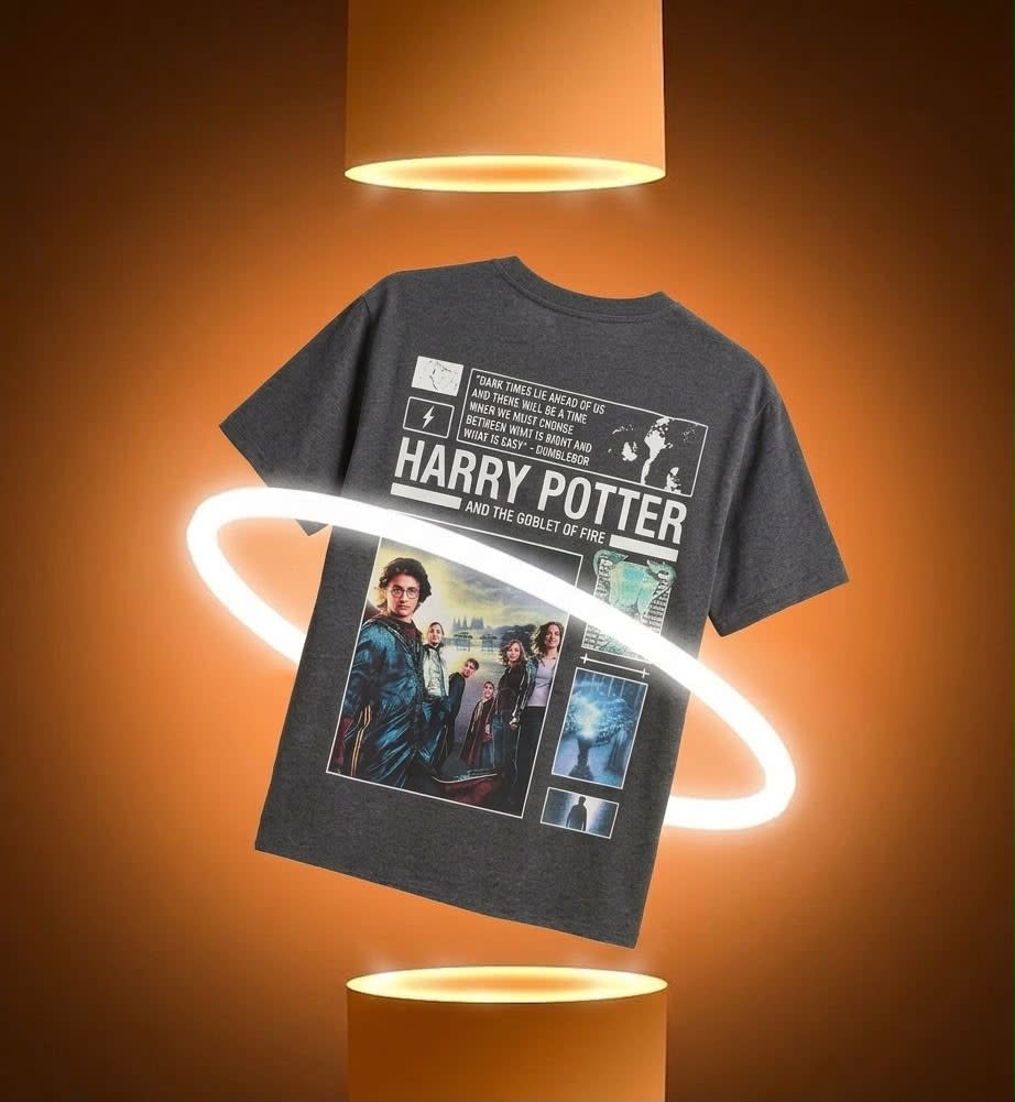 Men's Charcoal Grey Harry Potter Graphic Back Printed Oversized T-Shirt 3