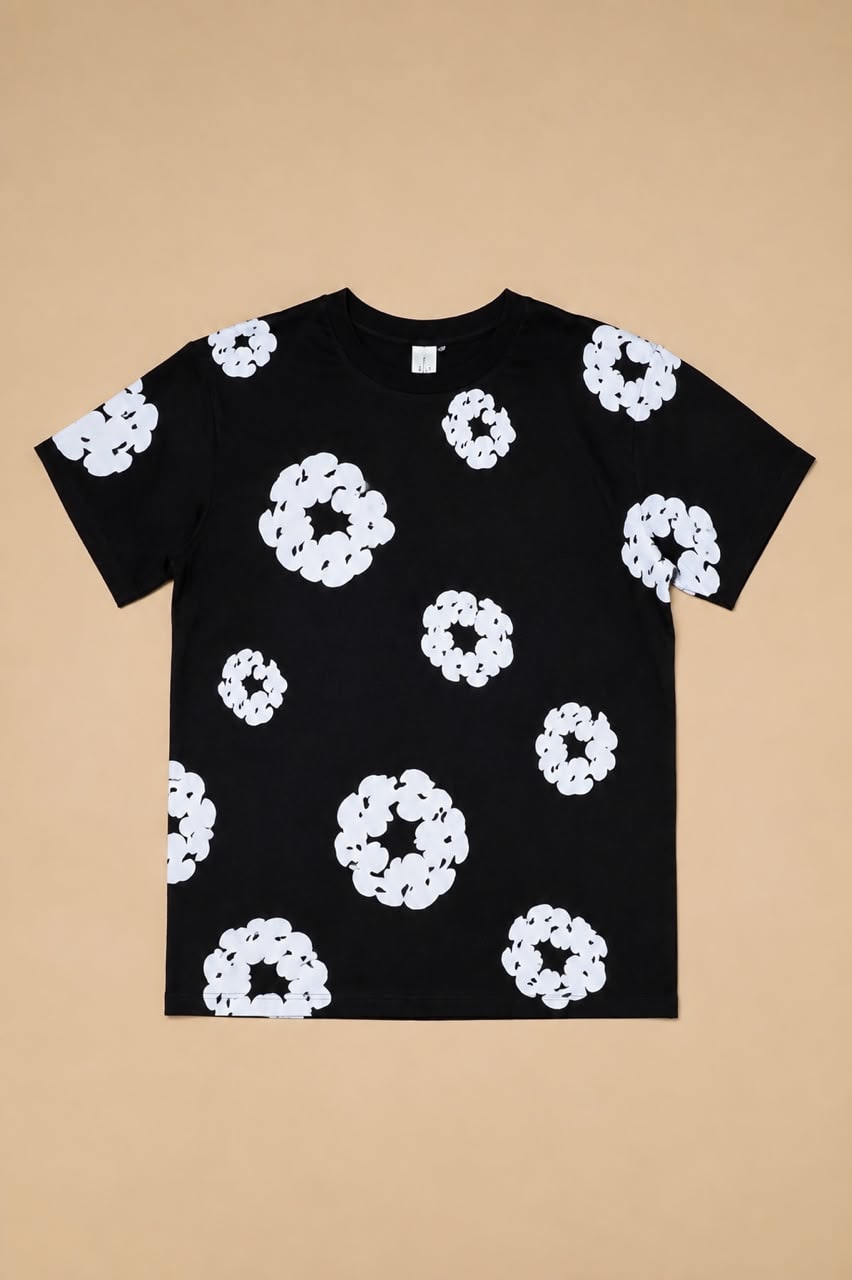 Men's Black & White Floral Motif All-Over Printed T-Shirt 2