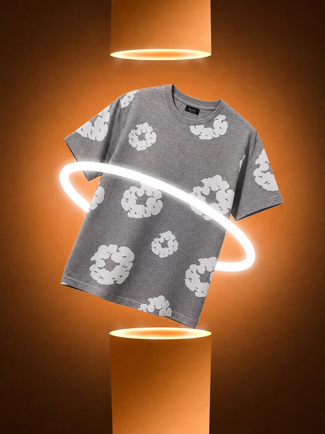 Men's Grey & White Floral Motif All-Over Printed T-Shirt 1