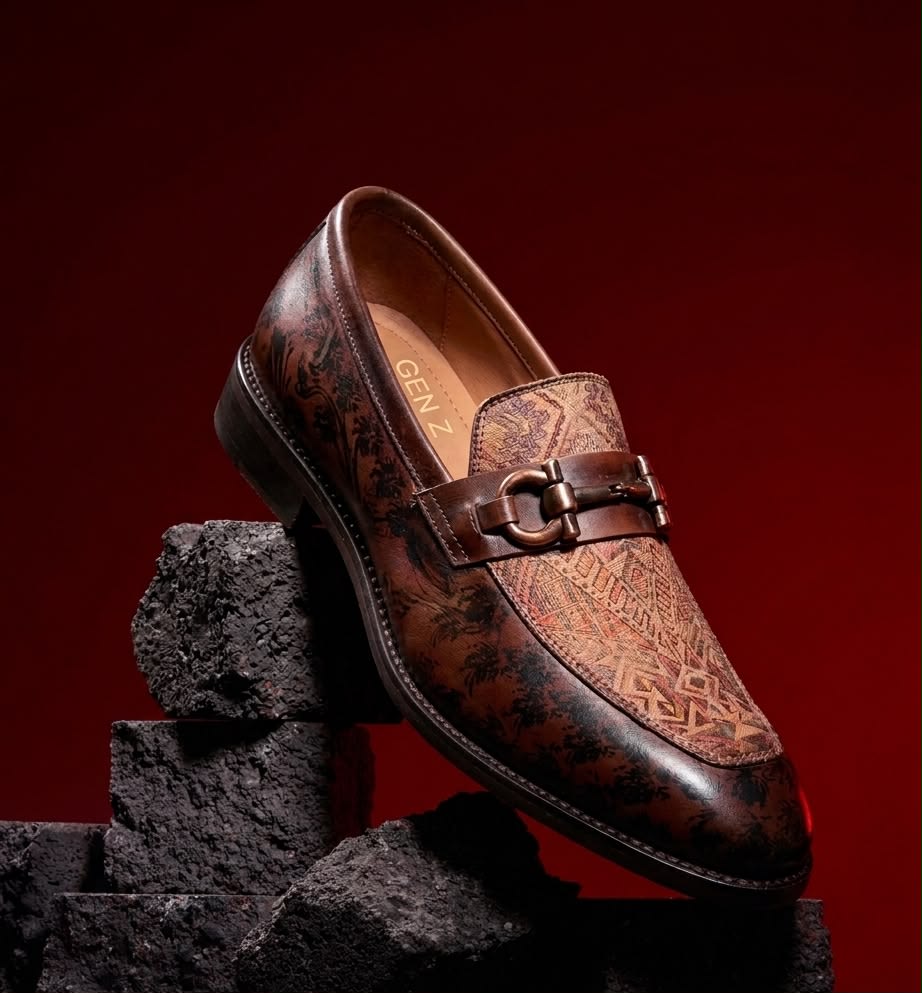Men's Premium Brown Textured & Patterned Horsebit Slip-On Loafers 1