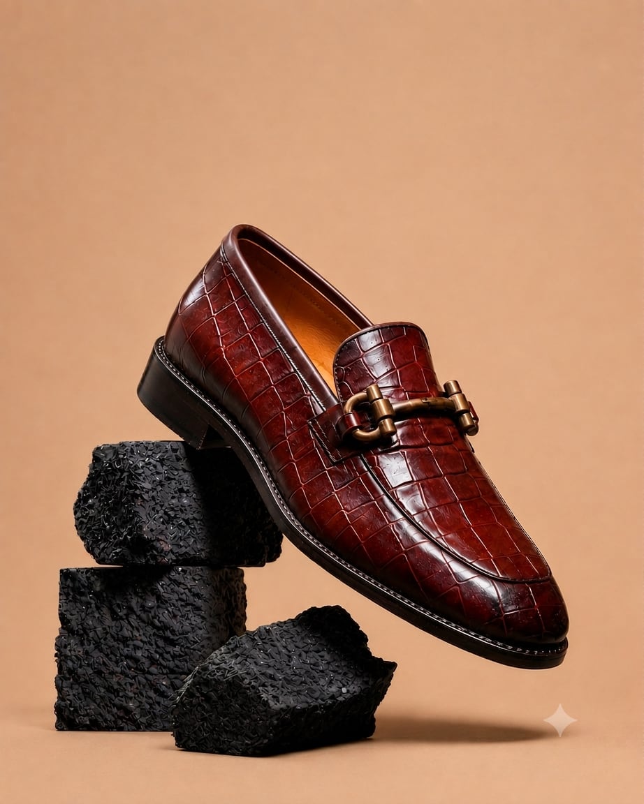 Men's Premium Croc-Embossed Brown Bit Loafers 1