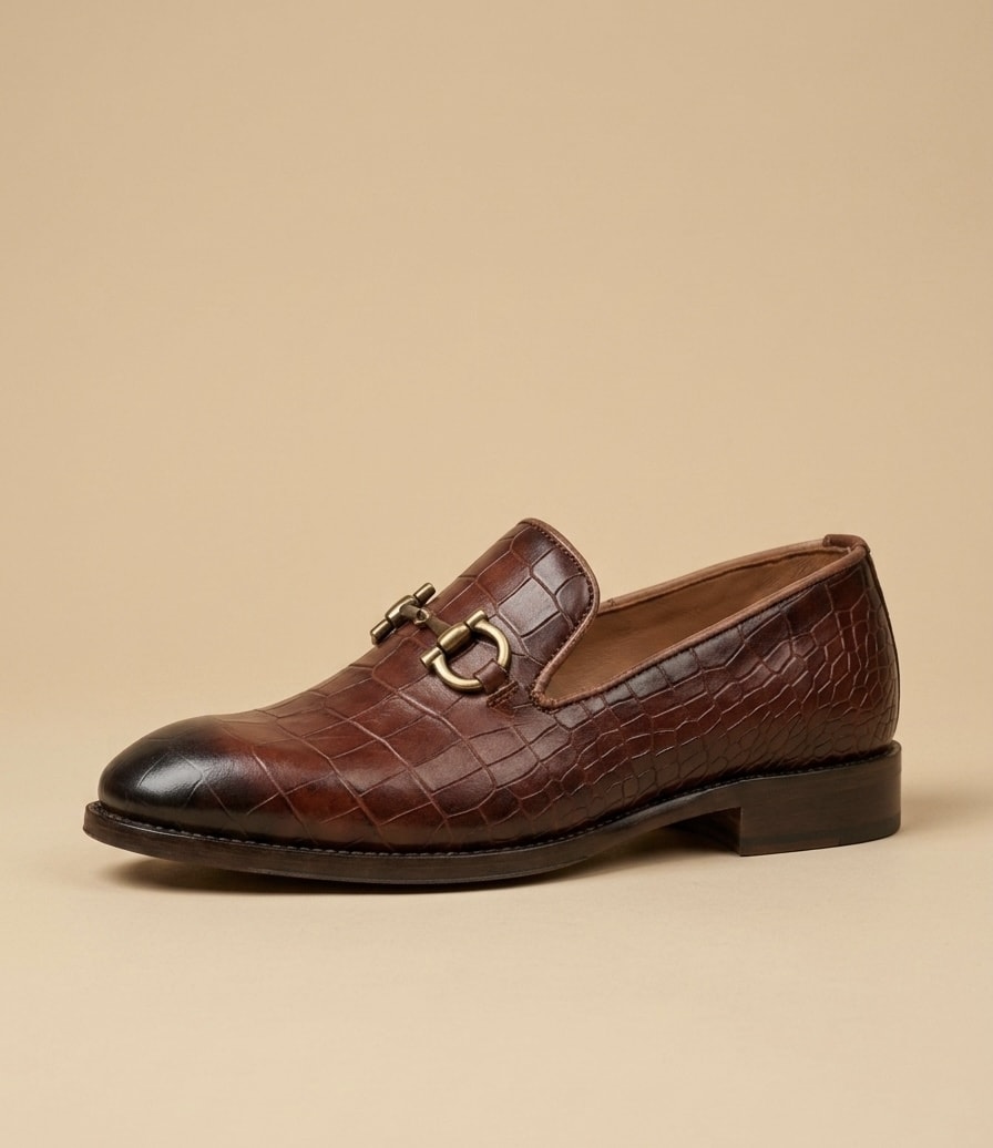 Men's Premium Croc-Embossed Brown Bit Loafers 2