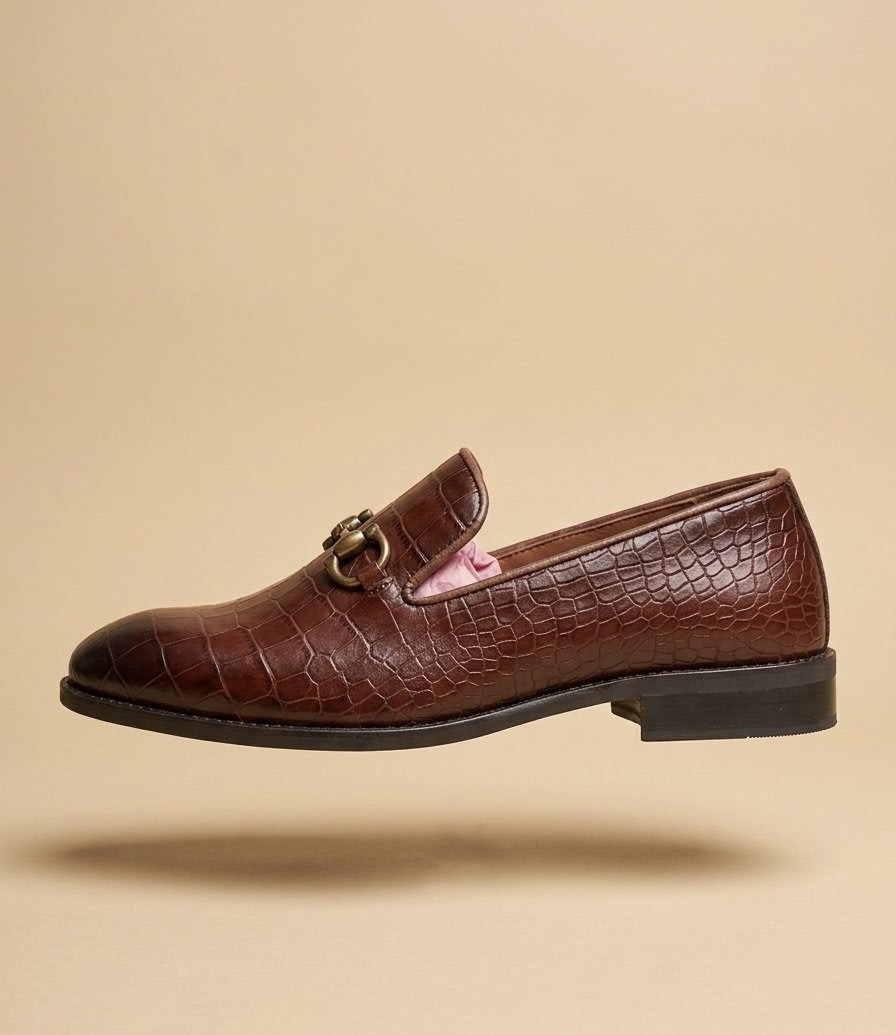 Men's Premium Croc-Embossed Brown Bit Loafers 3
