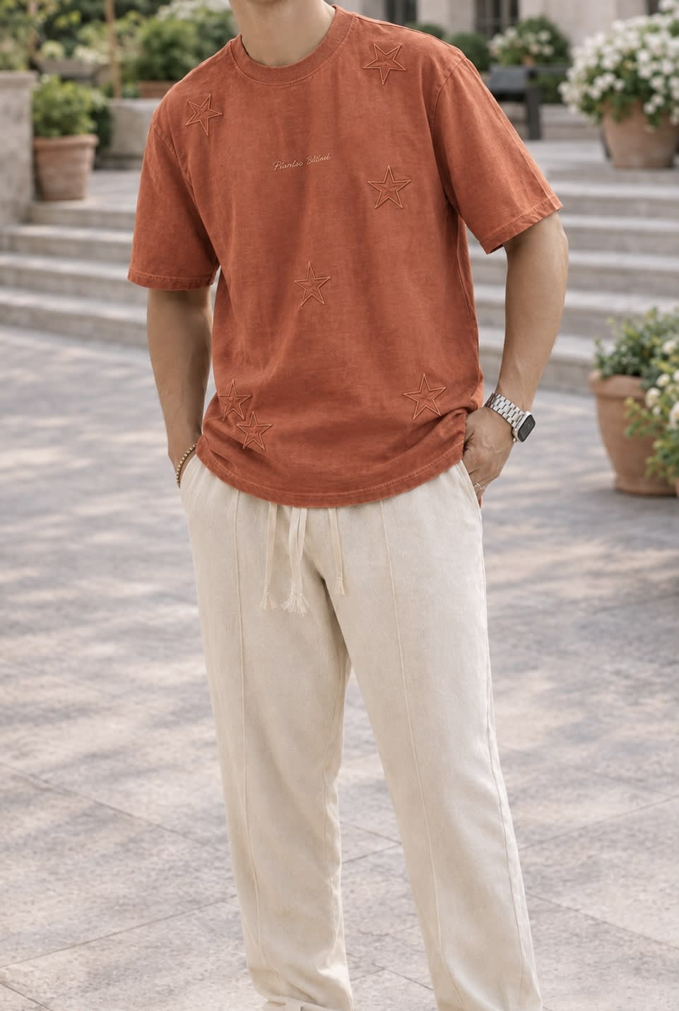 Unisex Premium Rust Orange Star-Embossed Oversized T-Shirt 2
