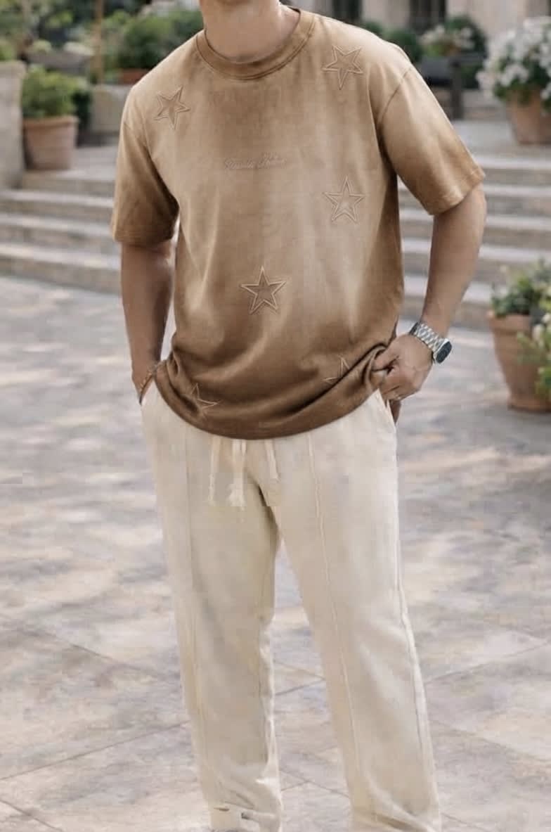 Unisex Premium Washed Beige Star-Embossed Oversized T-Shirt 2