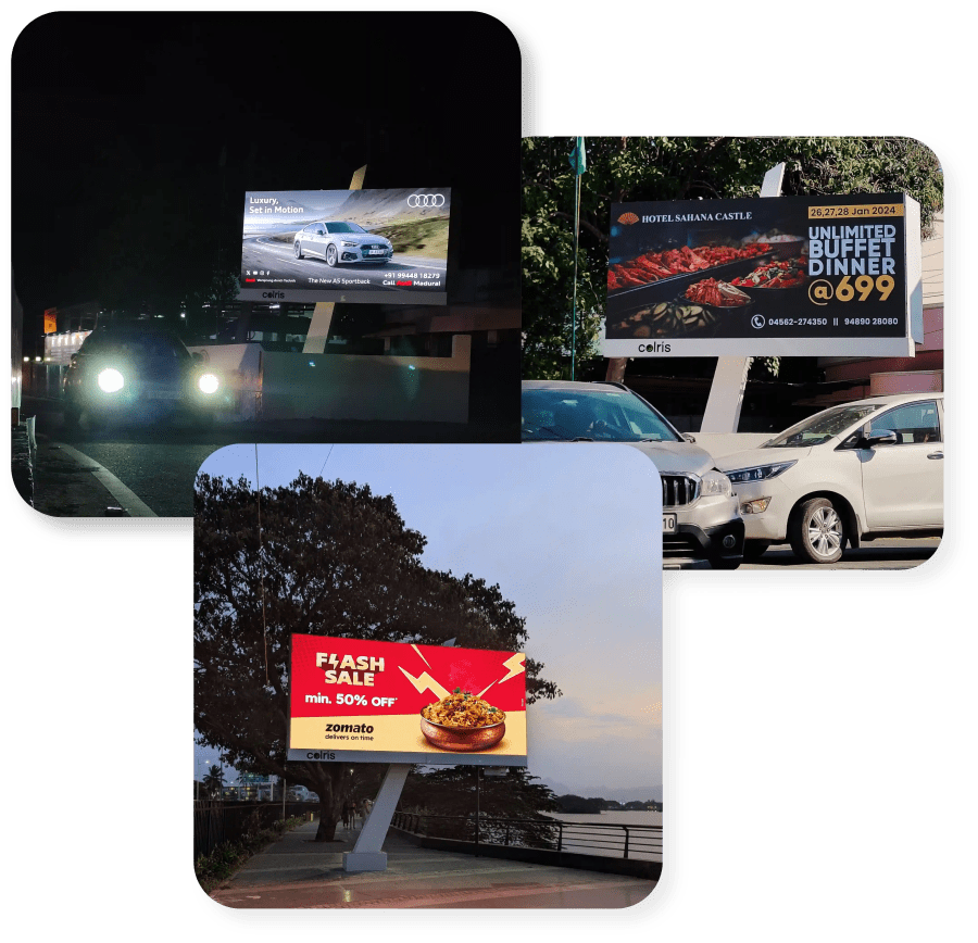 Colris Digital billboard advertising collage showing campaigns in Nagercoil and Coimbatore