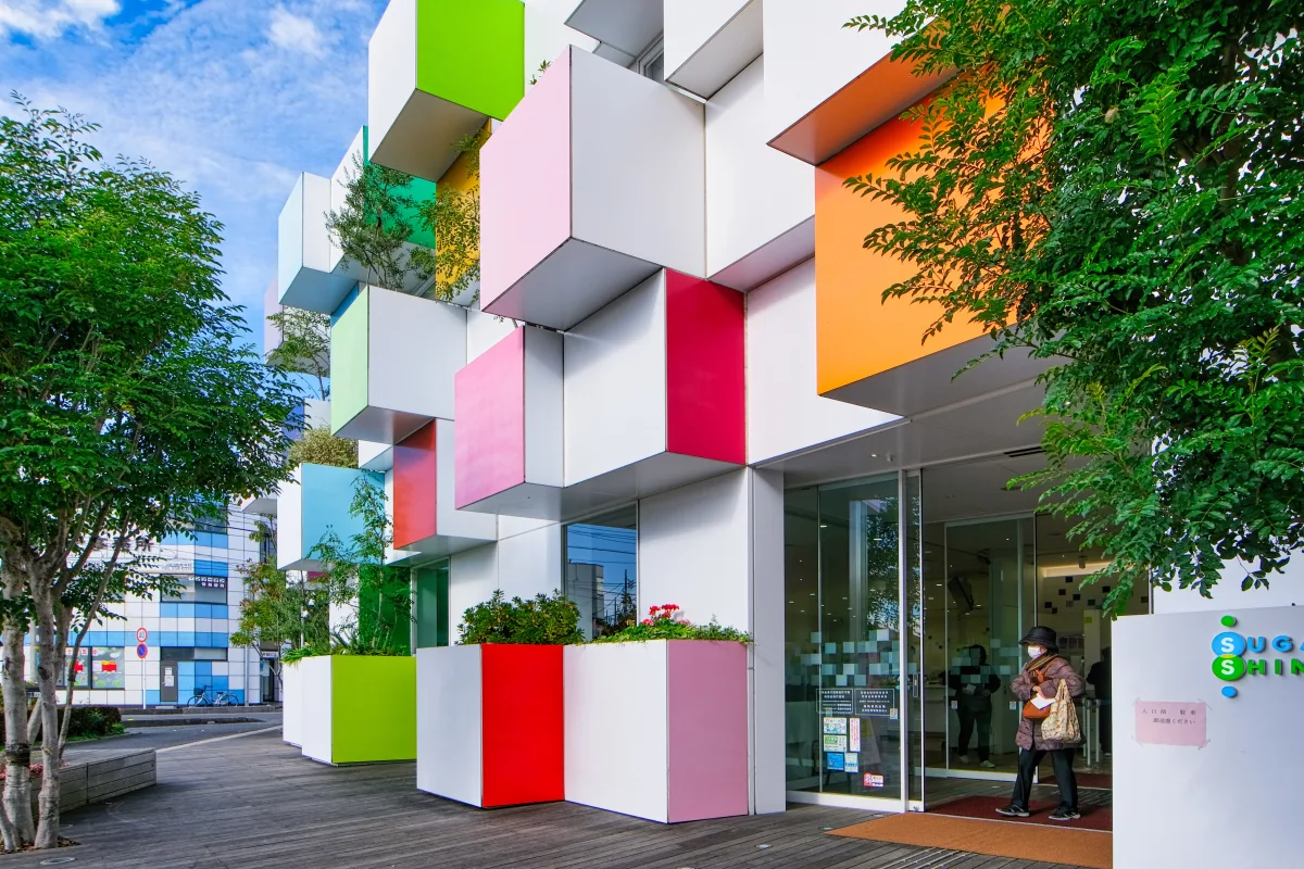 Rainbow colored facade of a bank in Tokyo