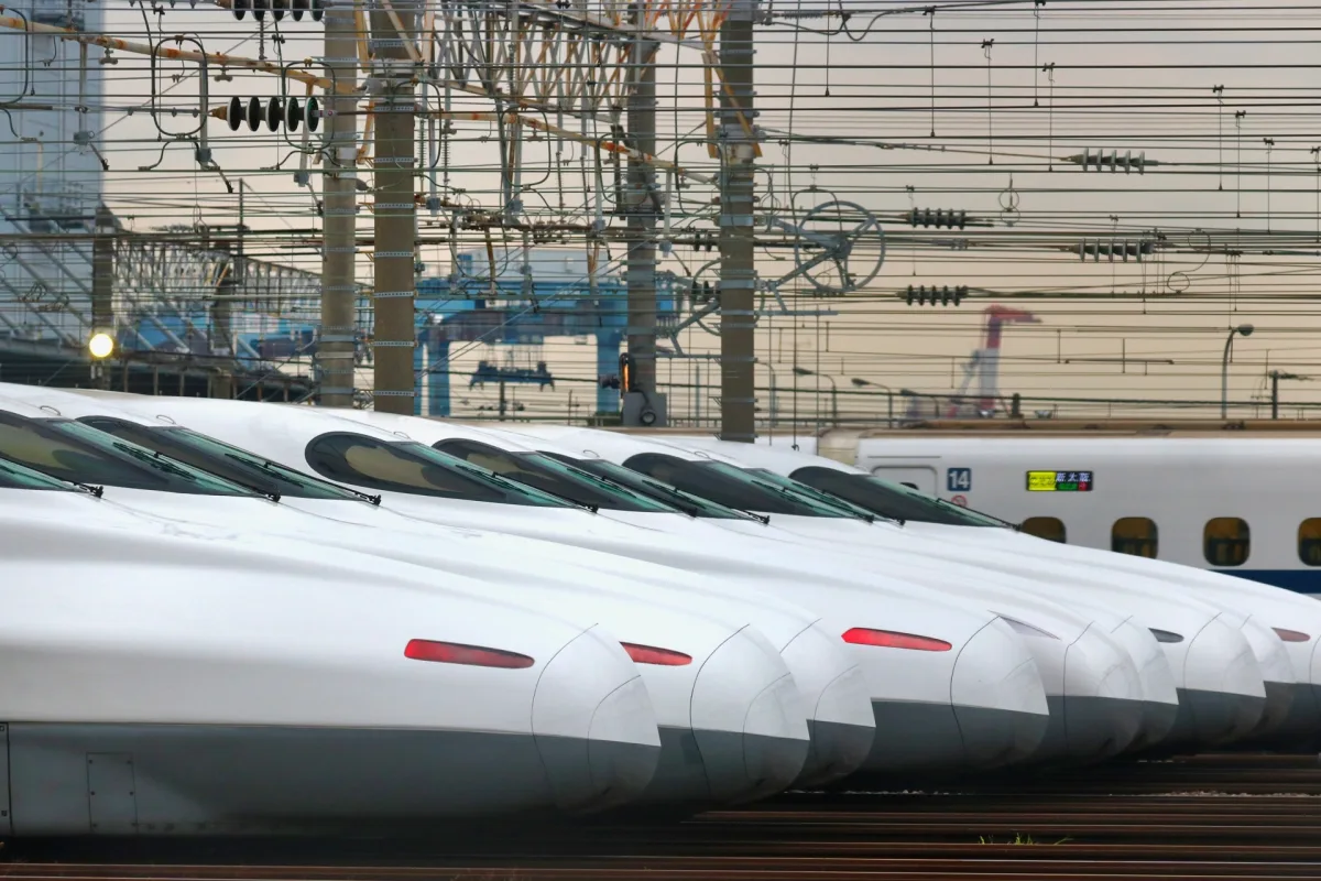 Bullet trains or shinkansen lined up in Tokyo