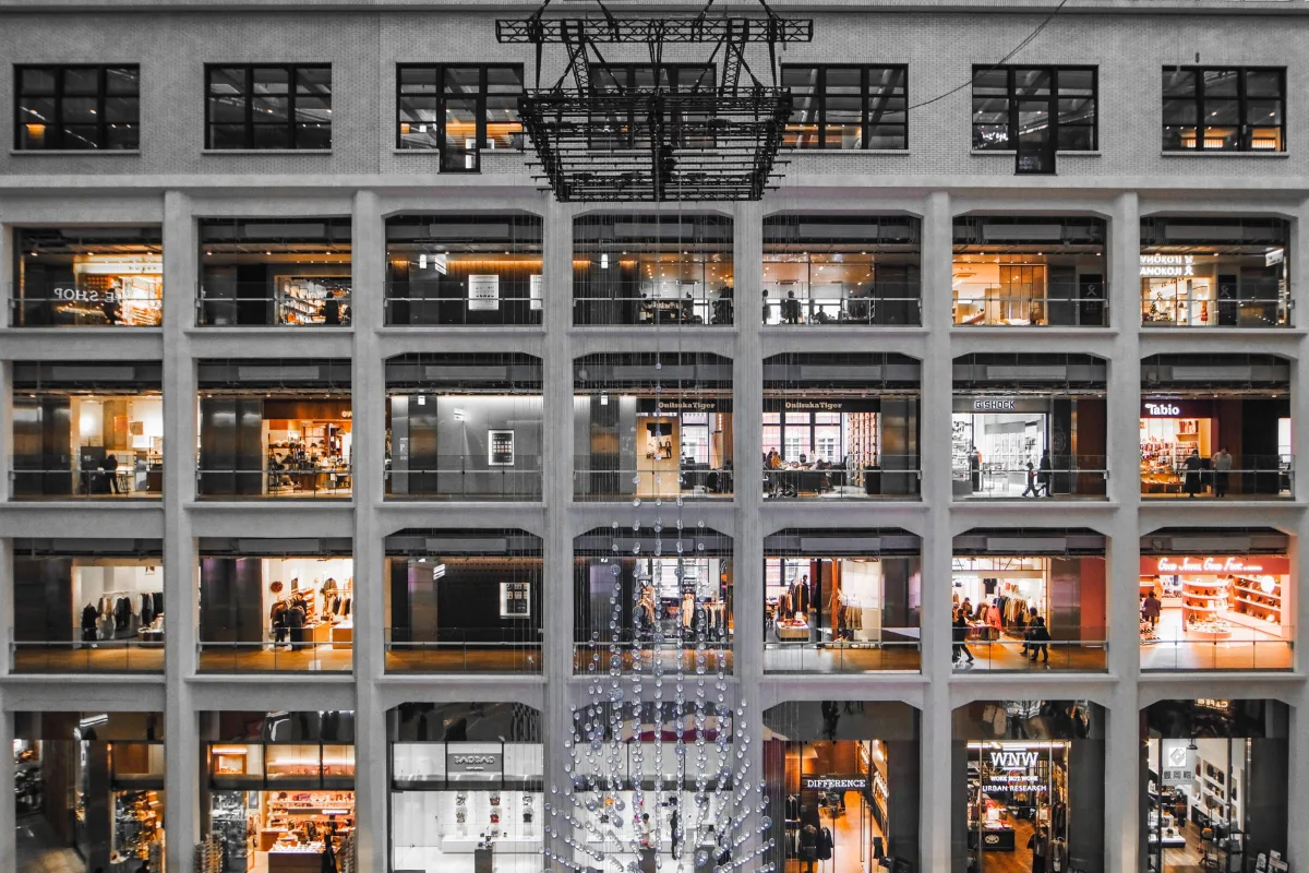 Geometric and cubicle facade inside a indoor atrium of KITTE Marunouchi