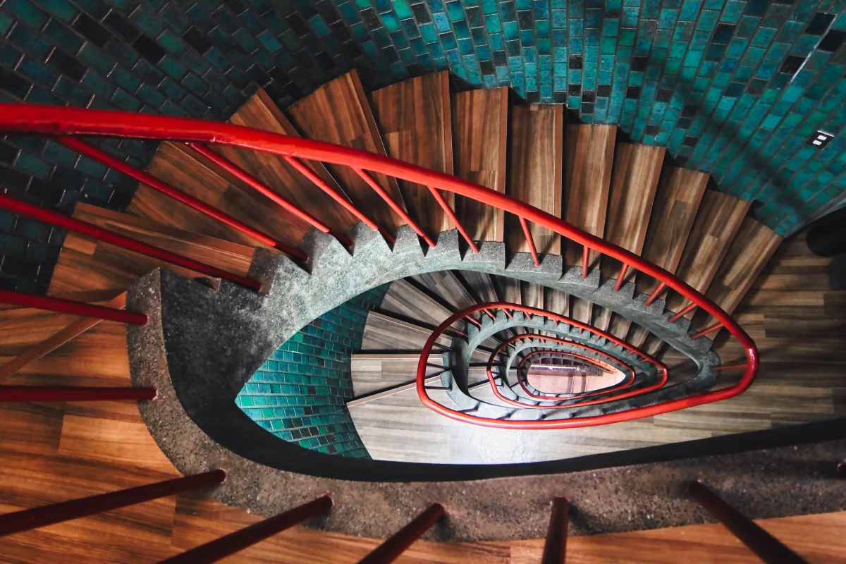 Colorful and photogenic spiral staircase shaped like a teardrop in Tokyo