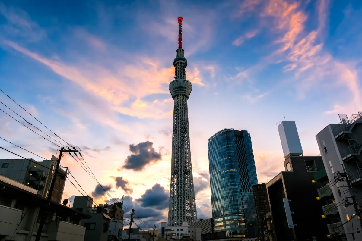 Sunset view of Tokyo Skytree from Jukken Bridge