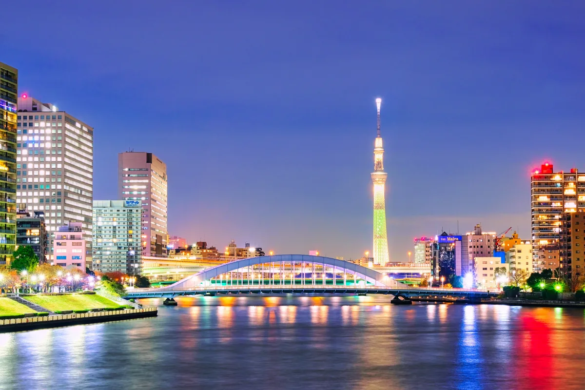 Scenic view point of Sumida River, Eitai Bridge and Tokyo Skytree from Ishikawajima Park