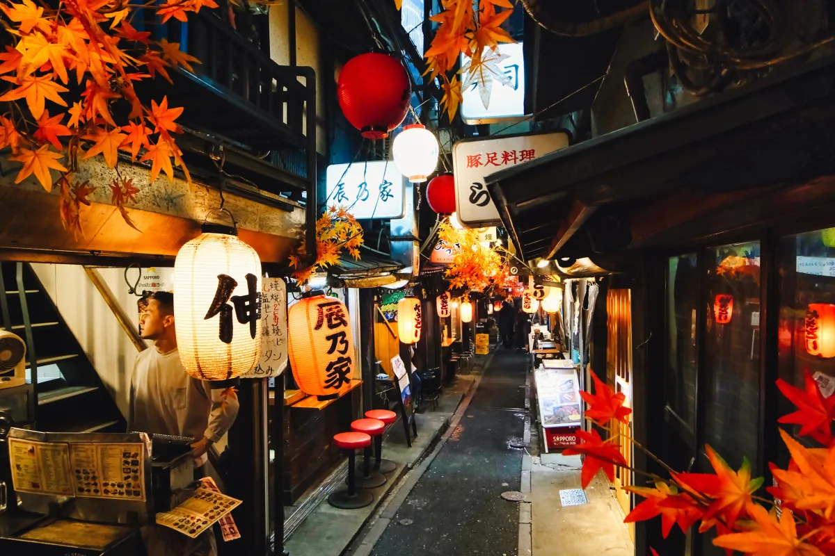 Omoide yokocho or Memory Lane in Shinjuku - red lanterns and sakura in Tokyo
