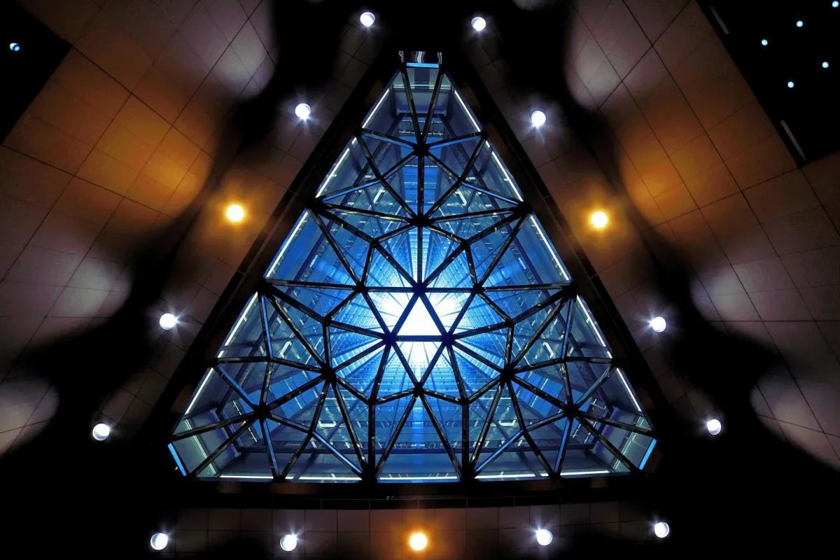 Futuristic sci-fi photogenic triangular atrium in Tokyo