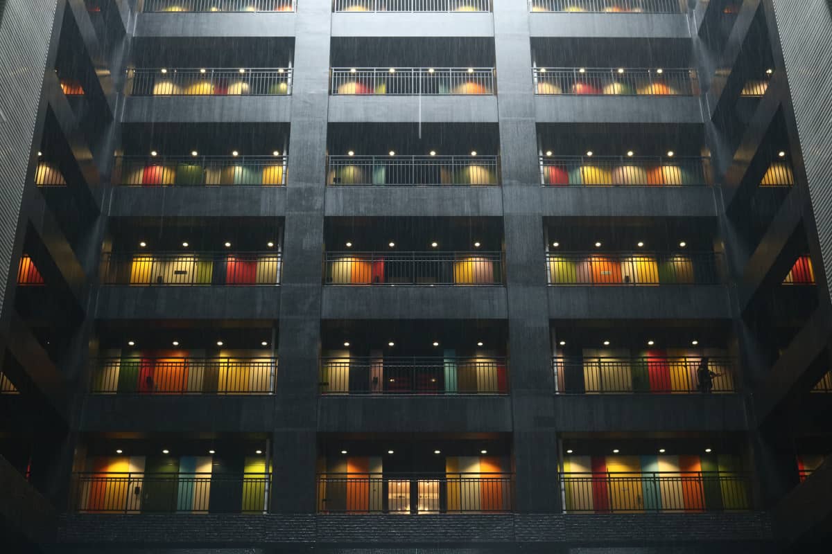 Colorful rainbow colored doors in a building in Tokyo