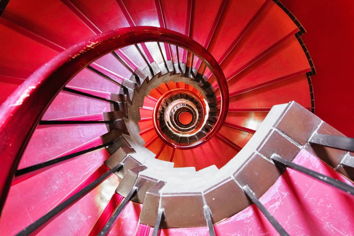 Red spiral staircase in Tokyo, Japan