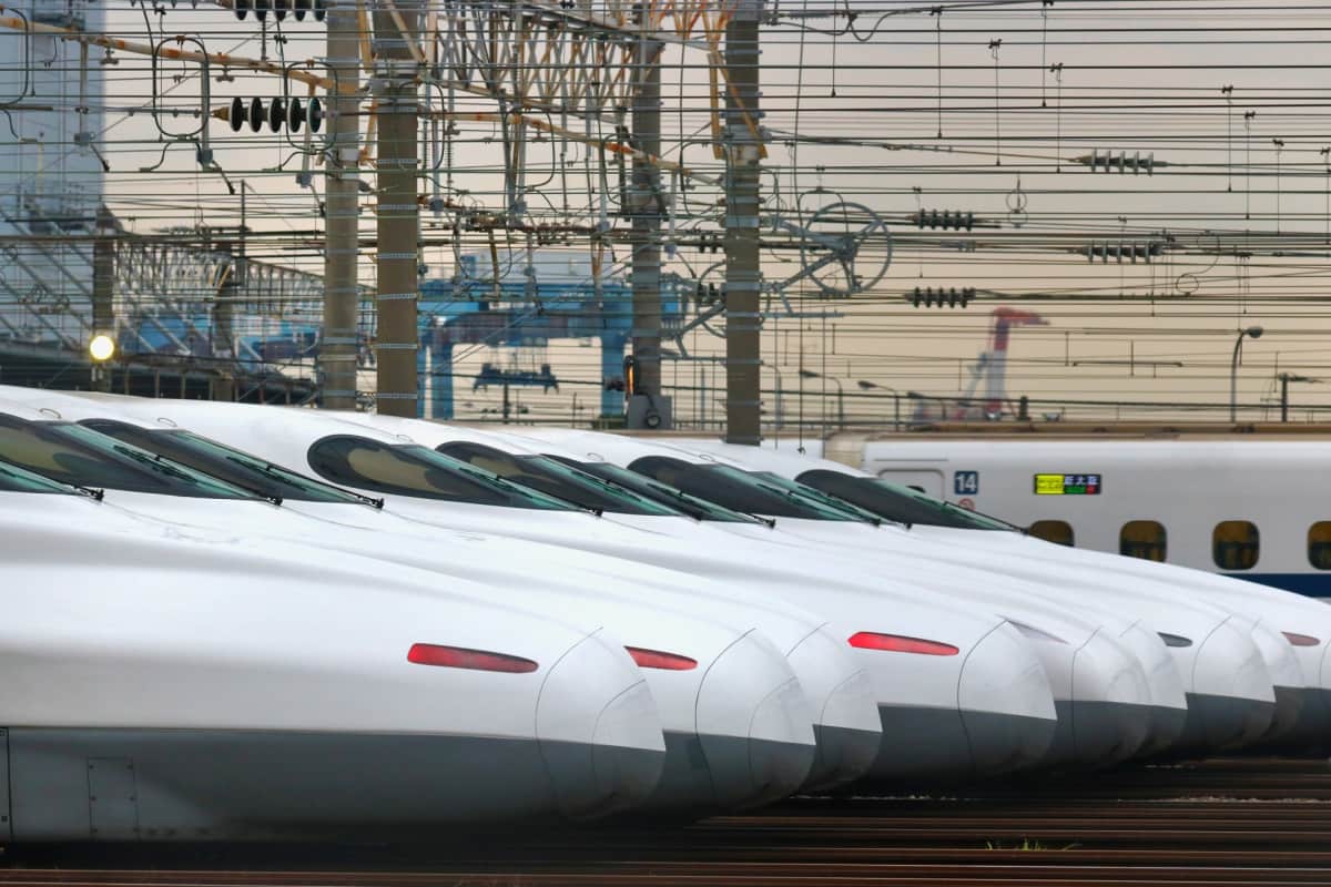Bullet trains or shinkansen lined up in Tokyo